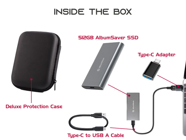 Album Saver External Solid-State Drives 512GB USB 3.1 500MB/S Super Speed Type C EXFAT Aluminum AlbumSaver