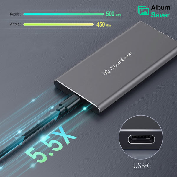 Album Saver External Solid-State Drives 512GB USB 3.1 500MB/S Super Speed Type C EXFAT Aluminum AlbumSaver